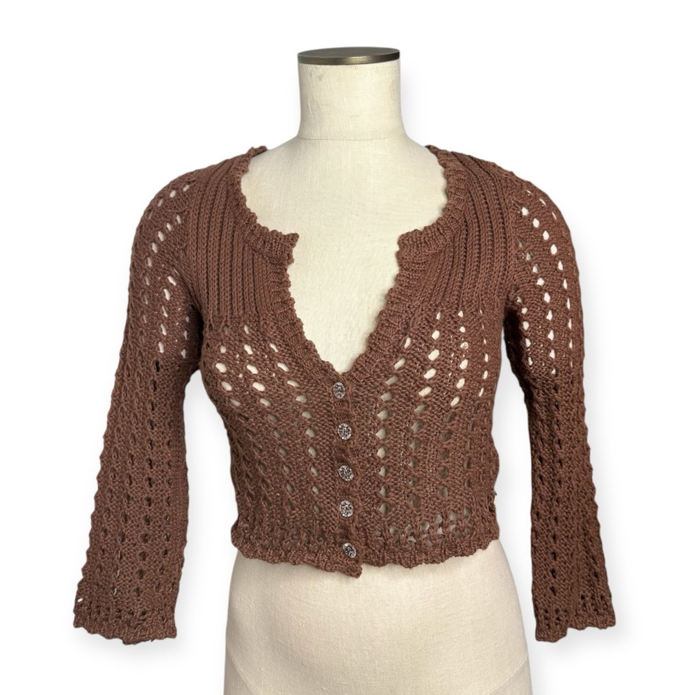 Vintage Hollister Betty’s Crochet Knit Cardigan Sweater Brown Sz M Y2K Coquette